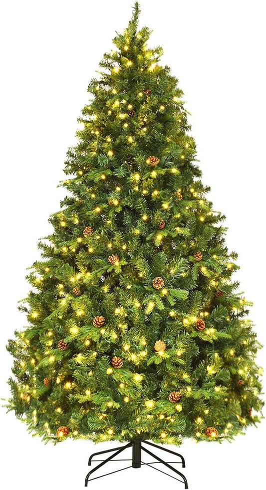 GOFLAME 7ft Artificial Pre-lit Christmas Tree with Warm White LED Lights and Pine Cones, Home Holiday Décor, Hinged, 925 Branches for Indoor Decoration Easy Setup