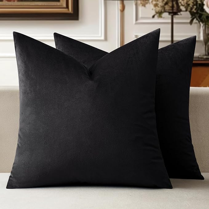 MIULEE Pack of 2 Velvet Pillow Covers Decorative Square Pillowcase Soft Solid Black Cushion Case for Sofa Bedroom Car 22 x 22 Inch 55 x 55 cm