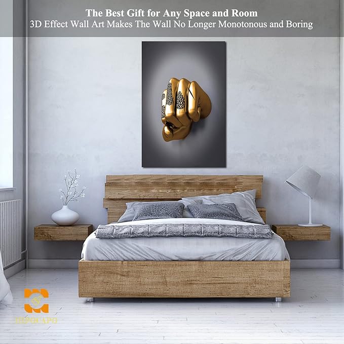 3D Wall Art - Abstract 3D Metal Effect Canvas Wall Art, 3D Modern Large Wall Art for Office, Golden Boxer Gesture 3D Art Wall Decor for Modern Bedroom Decor Framed 32”x48”x1Pcs