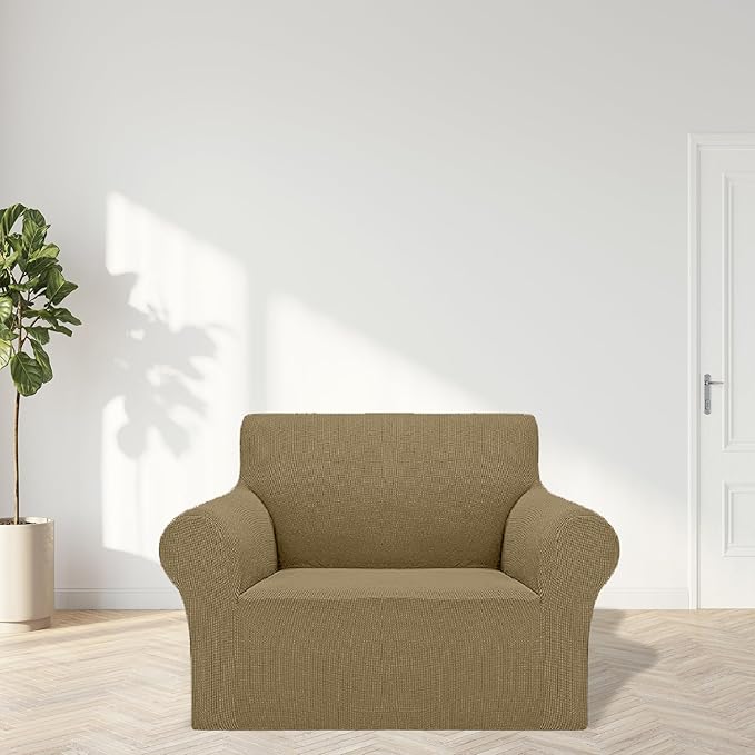 Cupuamon 2025 New Stretch Chair Sofa Slipcovers Couch Cover for 1 Seater Furniture Protector Sofa Covers with Elastic Bottom Jacquard Fabric Small Checks for Pets, Kids - Tan