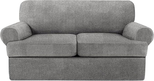 T Cushion Loveseat Slipcover 3 Pieces Sofa Covers for T Cushion Sofa Stretch Slip Covers for 2 Cushion Couch with 2 Individual T Shape Seat Covers (Light Gray, 2 Cushion)