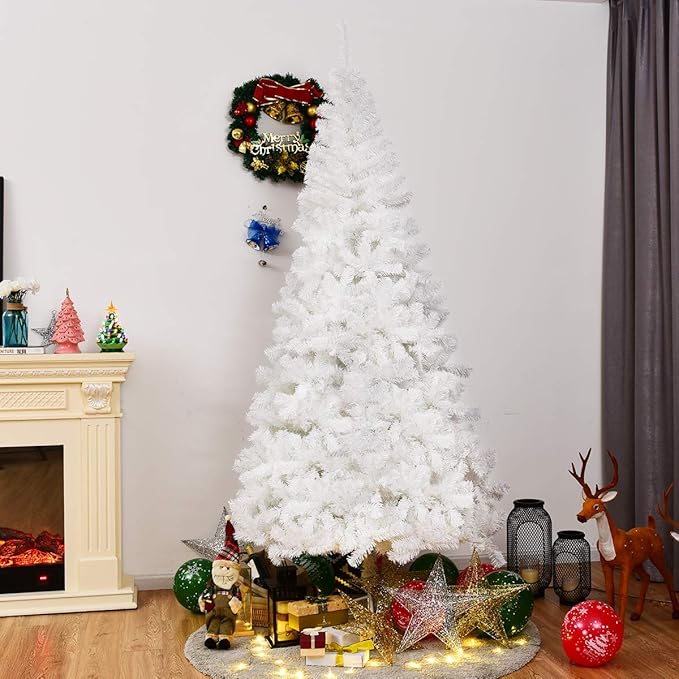 GOFLAME 8FT Artificial White Christmas Tree Home Holiday Décor, Metal Stand PVC Material 1138 Branches Indoor Decoration, Easy Assembly