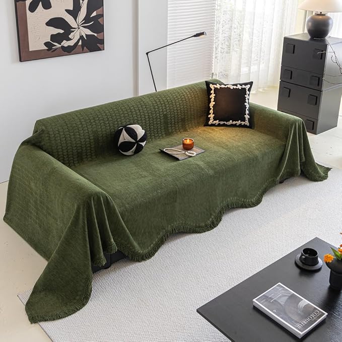 ROOMLIFE Green Sofa Cover, Vintage Boho Couch Cover for 3 Cushion Sofa, Non Slip Soft Chenille Sofa Slipcovers for Dog, Washable Furniture Sofa Protector Cover with Tassel for Living Room, 71''X118”
