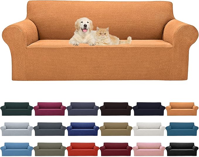 Cupuamon 2025 New Stretch Sofa Slipcovers Couch Cover for 3 Cushion Furniture Protector Sofa Covers with Elastic Bottom Jacquard Fabric Small Checks for Pets, Kids -Sofa, Golden