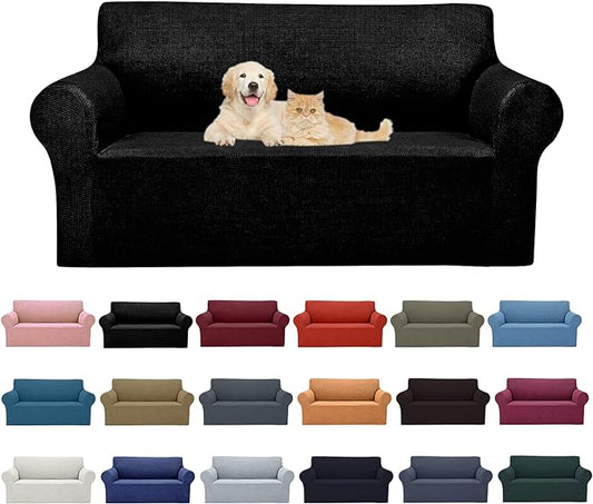 Cupuamon 2025 New Stretch Loveseat Sofa Slipcovers Couch Cover for 2 Cushion Furniture Protector Sofa Covers with Elastic Bottom Jacquard Fabric Small Checks for Pets, Kids - Black