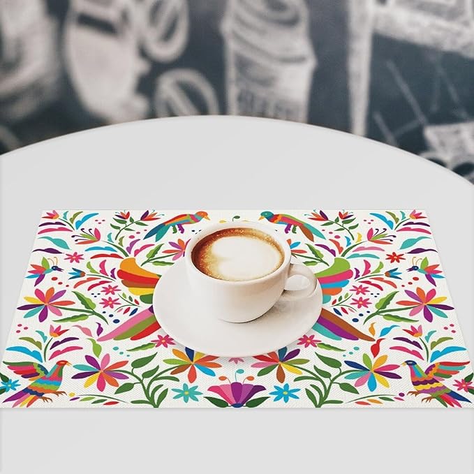 Mexican Placemat Set of 6, 12x18 Inch White Mexico Floral Fiesta Birds Talavera Dia De Los Muertos Day of The Dead Coffee Table Mats for Outdoor Kitchen Dining Table Decoration
