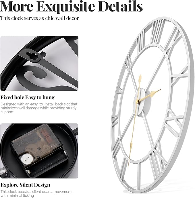 Cuspin 16 inch Wall Clock Silver, Modern Decorative Metal Clock Silent Non Ticking, Battery-Operated Round Clock Roman Numeral Analog for Living Room, Kitchen, Bedroom, Office, Home Decor