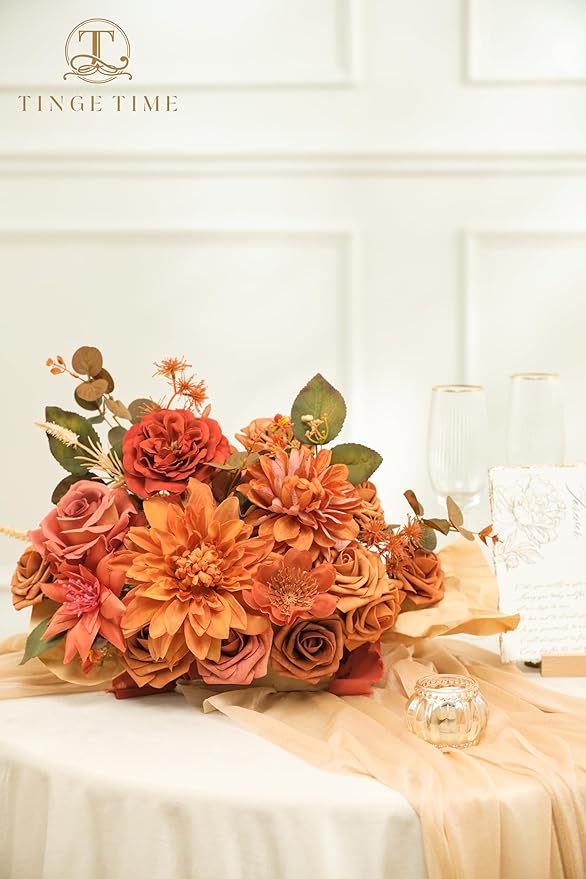 TINGE TIME Artificial Flowers Deep Burnt Orange Flower Combo for DIY Wedding Bouquets Table Centerpieces Arrangements Party Baby Shower Home Fall Decorations