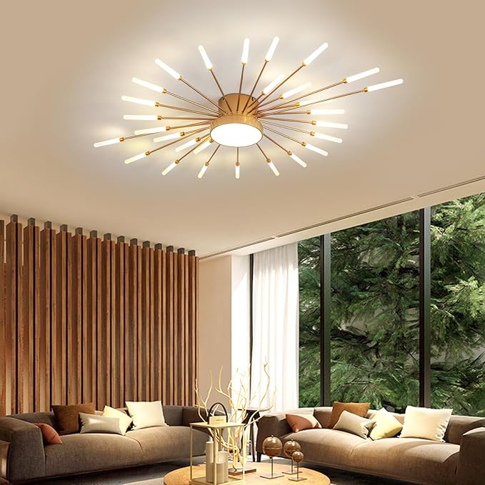 JAYMP Ceiling Light Modern Flower Shape Ceiling Lamp for Living Room Dining Room Flush Mount Metal Acrylic Sputnik Firework Petal LED Lighting Fixture (Matte Gold, 28+1 Lights)