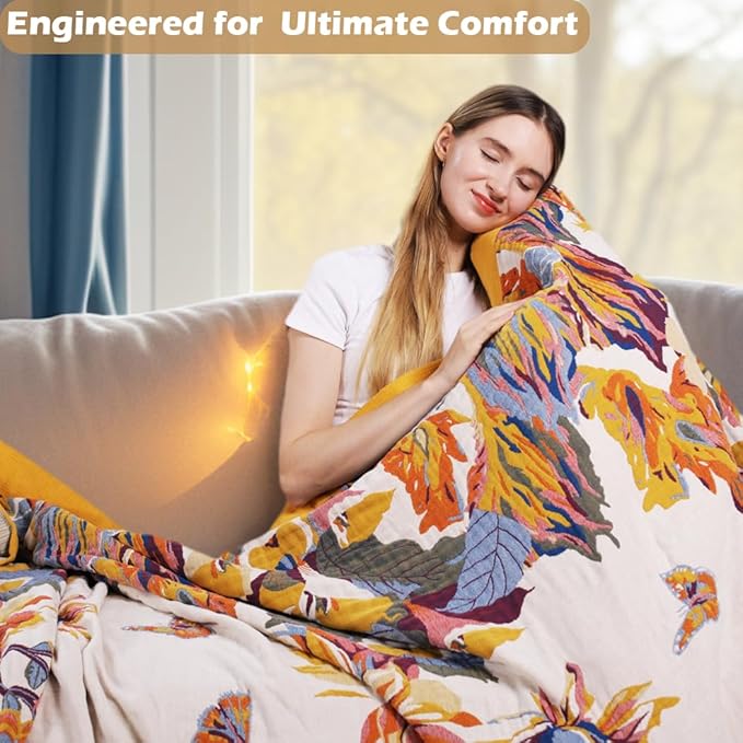 Boho Throw Blanket, 100% Organic Cotton Ultra Soft Bed 50" x 60" Throw - Christmas Blanket Gifts for Woman All Season Rustic Floral Decor Blanket for Sofa Couch Chair -Beige