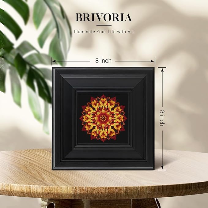 Brivoria Mandala Wall Art Home Decor, Framed Red and Gold Scarlet Whispers Mandala Artwork, Modern Spiritual Accent for Meditation Corner Desk Shelf or Bedroom, Warm Wall and Tabletop Display, 8x8