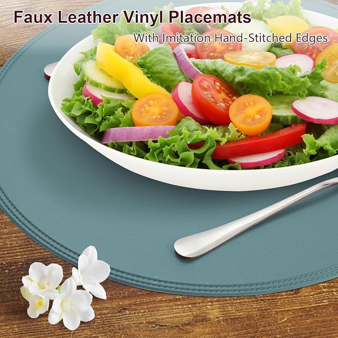 Round Vinyl Blue Placemats Set of 6, Faux Leather Waterproof Wipeable Heat Resistant Place Mats, Washable Table Mats for Halloween, Thanksgiving & Christmas Dinner(Light Blue)