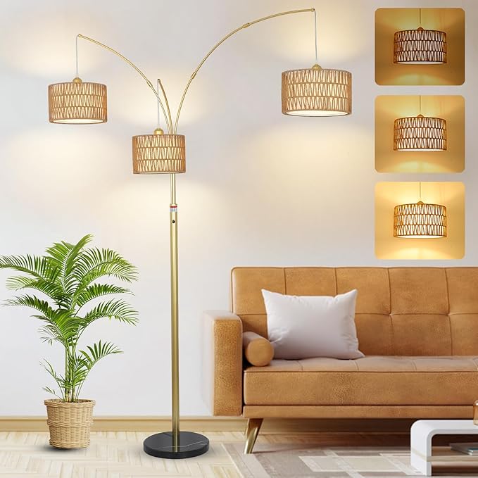 Modern Gold Floor Lamp for Bedroom, Arc Standing Lamp for Living Room, Dimmable Boho Rattan Tall Lamp, Farmhouse Floor Lamps for Office Decor, Height Adjustable Arched Lamp, Over Couch Reading Lamp