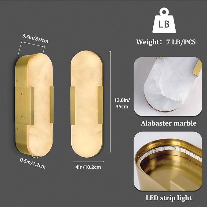 Alabaster Wall Sconce, 13.8" Natural Marble Wall Sconce, Brass Alabaster Sconces Set of Two, Indoor Modern Bathroom Sconces Wall Lighting for Living Room, Bedroom, Hallway, Stairs