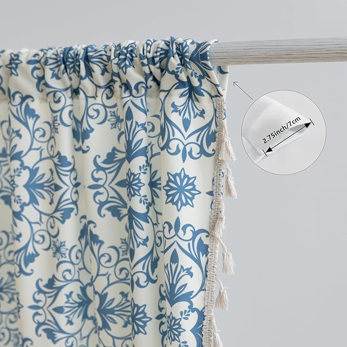 Boho Floral Curtains French Country Farmhouse Curtains 102 Inches Long Light Filtering Window Rod Pocket Drapes for Living Room 2 Panels-Blue Floral