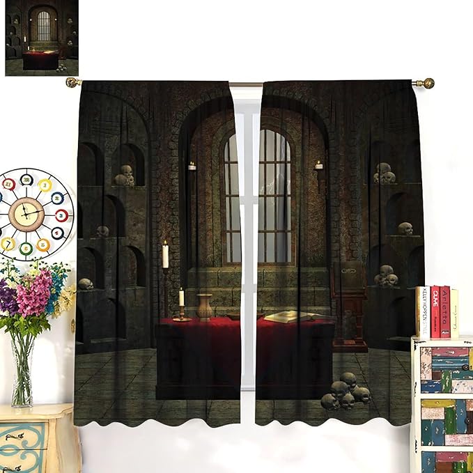 Gothic Mid Century Blackout Curtains, Horror Theme Skulls Shelves Candles Print Pattern Window Drapes, for Living Room Bedroom 26(W)*84(L) 2 Panels