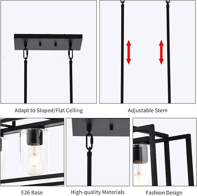 Kitchen Island Lighting 5-Light Chandeliers Farmhouse Black Island Pendant Light Fixtures Dining Room Rectangular Chandelier with Clear Glass Shades