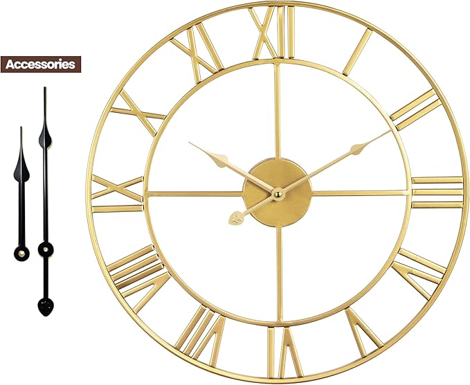 Large Wall Clock, Metal Retro Roman Numeral Clock, Modern Round Wall Clocks Almost Silent, Easy to Read for Living Room/Home/Kitchen/Bedroom/Office/School Decor (Gold, 18.5 Inch)