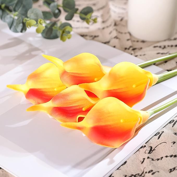 Duovlo 20pcs Calla Lily Bridal Wedding Bouquet Lataex Real Touch Artificial Flower Home Party Decor (Sunset)