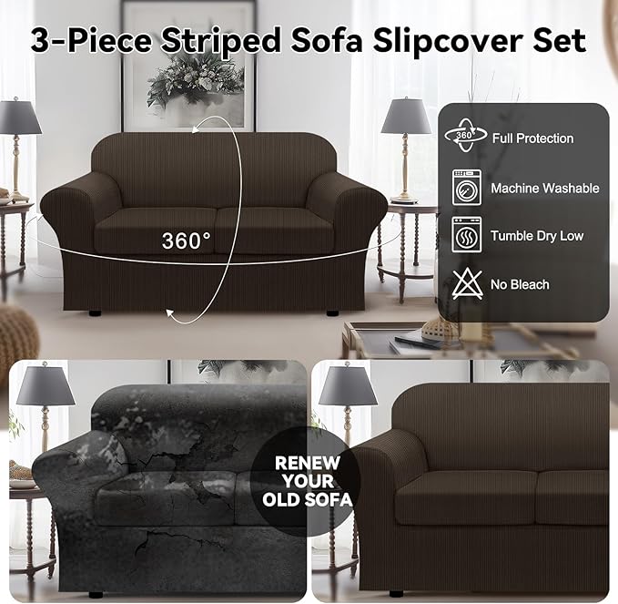 100% WaterproofLoveseat Cover 3-Piece Set Striped Loveseat Slipcovers for 2 Cushion Couch Sofa Covers with TPU Leakproof Bottom Stretch Couch Protector Pet Proof - Loveseat, Brown
