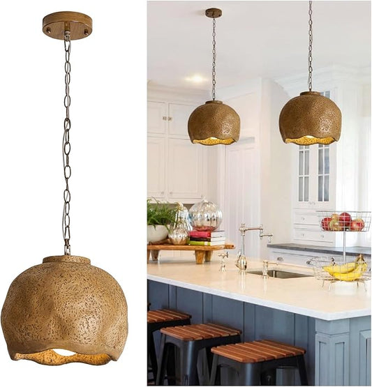 Farmhouse Pendant Light for Kitchen Island, 11" Rustic Brown Hanging Ceiling Light Fixture for Dining Room, Kitchen, Living Room, Hallway, Resin Dome Shade, E26 Base