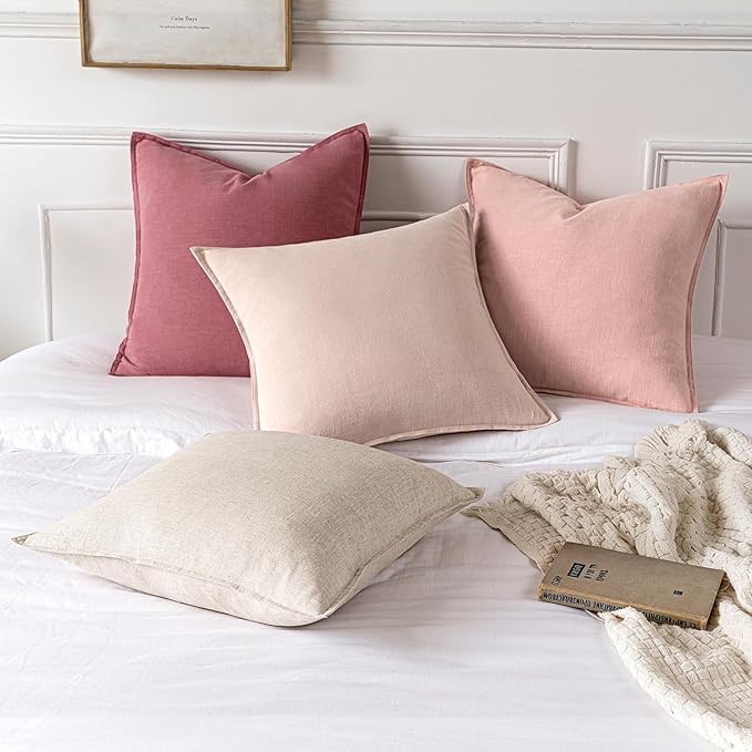 MIULEE Decorative Linen Euro Sham Pillow Covers 24x24 Light Pink Boho Farmhouse Neutral Couch Throw Pillows for Bed Pack of 2 Accent Modern Pillowcase Sofa Livingroom Home Decor