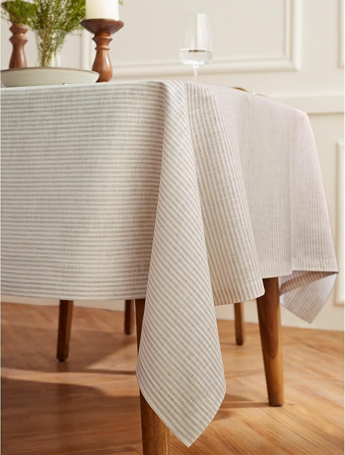Solino Home Linen Striped Tablecloth 60 x 108 Inch - 100% Pure Linen Natural and White Table Cloth for Rectangle Tables - Narrow Stripe, Machine Washable Tablecloth for Thanksgiving, Christmas, Winter