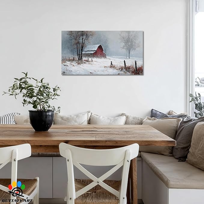 GUTTATY Christmas Winter Scene Canvas Wall Art, Red Barn Farmhouse Snowy Wall Painting, Rustic Poster Artwork, Cozy Seasonal Wall Decor Pictures for Living Room, Bedroom, Office, 40x20 Inch