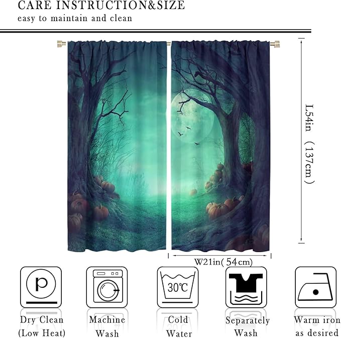 Gothic Mushroom Blackout Window Curtains, Misty Dark Black Forest Moon Halloween Window Drapes, for Living Room Bedroom 21(W)*54(L) 2 Panels