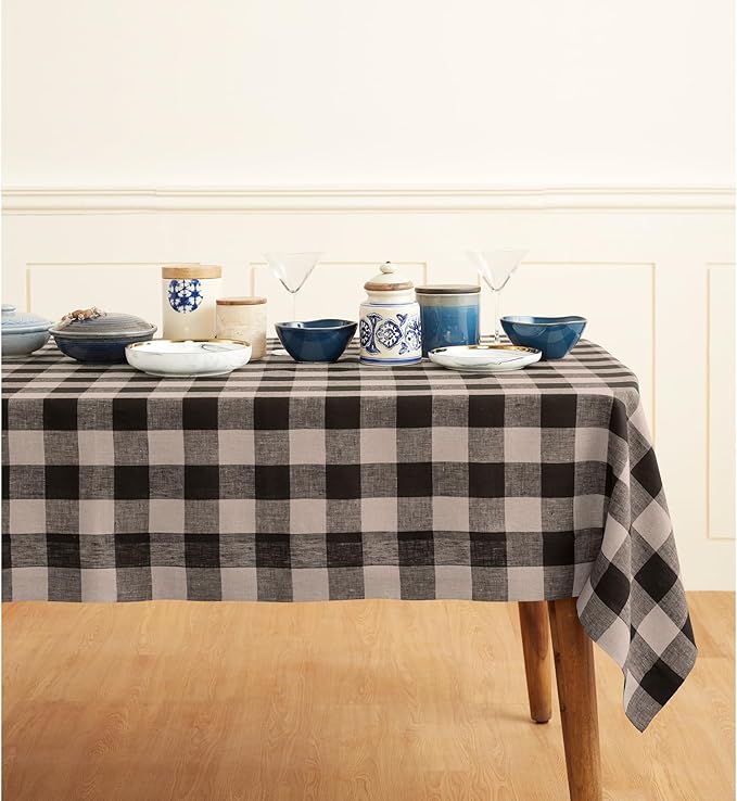 Solino Home Linen Checkered Tablecloth 60 x 132 Inch - 100% Pure Linen Buffalo Natural and Black Table Cloth for Rectangular Tables - Machine Washable Tablecloth for Fall, Winter, Thanksgiving