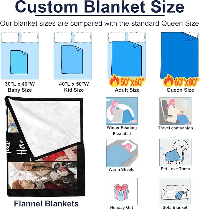 Jecivila Custom Blanket with Picture Text Personalized Photo Flannel Throw Blankets Customized Couple Gifts for Girlfriend Boyfriend Wife Husband on Valentine's Day Birthday