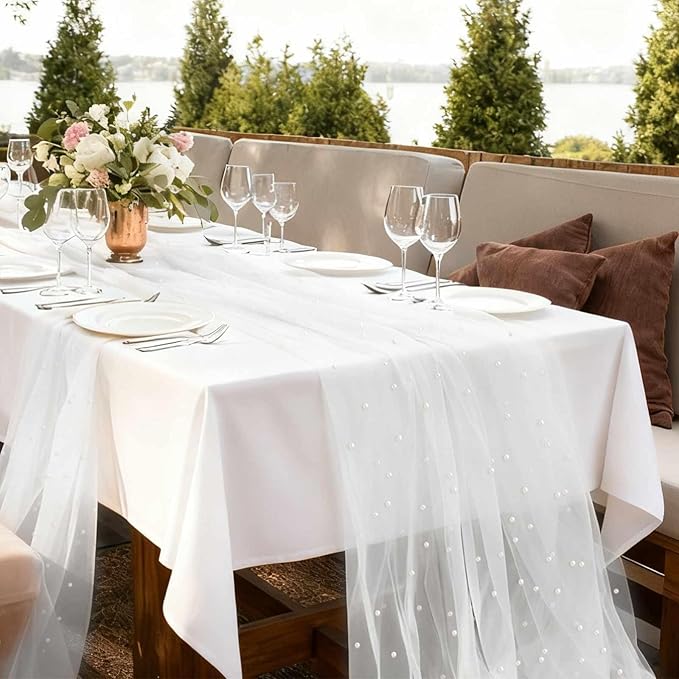 WELTRXE Pearl Table Runner 120 Inch 10FT, White Gauze Table Runners, Rustic Boho for Holiday Wedding Decor, Home Party ,Baby Shower, Birthday Party