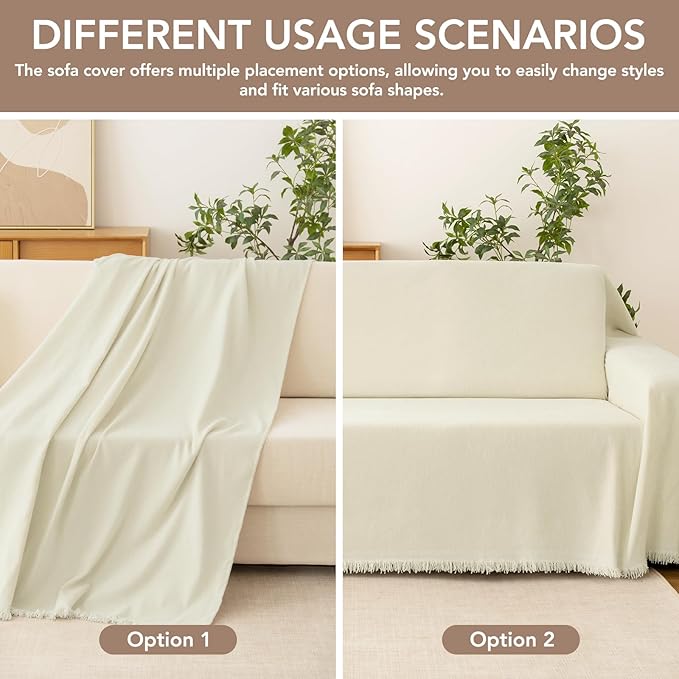 Couch Cover for Dogs, Boho Sofa Covers for 3 Cushion Couch, Chenille Sofa Slipcover for Pets Washable, L-Shape Sectional Couch Loveseat Cover Soft Throw Blankets with Tassels(71x134,Cream)
