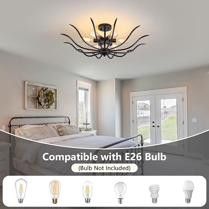 Semi Flush Mount Ceiling Light, 6 Lights Modern Black Light Fixture for Farmhouse Kitchen Dining Room Bedroom Living Room Hallway