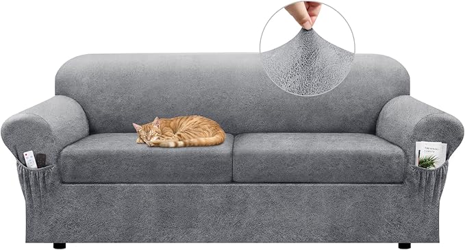 Sofa Slipcover with Armrest Pockets 3-Piece Set, Stretch Faux Leather Couch Cover for 2-Cushion Couches(Fits 72-92") - Non-Slip, Machine Washable, Pet & Kid Friendly - Light Gray