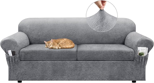 Sofa Slipcover with Armrest Pockets 3-Piece Set, Stretch Faux Leather Couch Cover for 2-Cushion Couches(Fits 72-92") - Non-Slip, Machine Washable, Pet & Kid Friendly - Light Gray