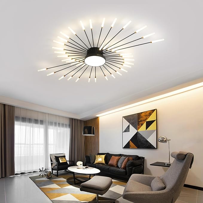 JAYMP Ceiling Light Modern Flower Shape Ceiling Lamp for Living Room Dining Room Flush Mount Metal Acrylic Sputnik Firework Petal LED Lighting Fixture (Matte Black, 42+1 Lights)