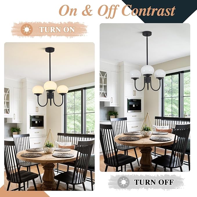 BOKT Dining Room Light Fixtures Over Table, Black Chandeliers for Farmhouse, Foyer Lighting Fixture with White Glass Shade for Kitchen