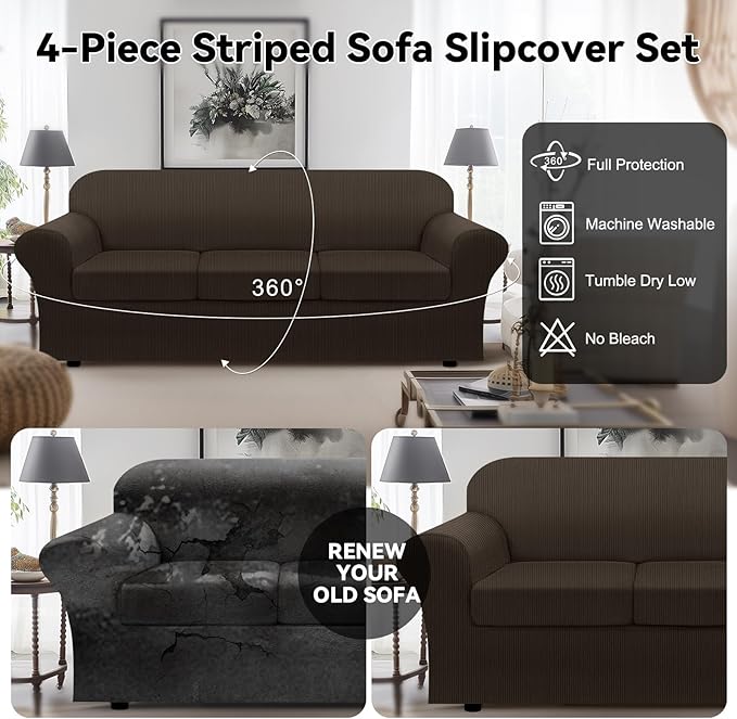 100% Waterproof Extra Large Couch Cover 4-Piece Set Striped Sofa Slipcovers for 3 Cushion Couch Covers with TPU Leakproof Bottom Stretch Protector Pet Proof - Sofa(3-Cushion), Brown