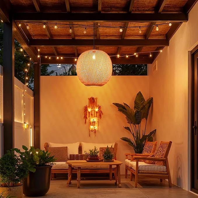 Arturesthome 1 Light Round Bamboo Pendant Lights, Wicker Chandelier Hand-Woven Boho Basket Lampshade Hanging Ceiling Light for Kitchen Island Living Room