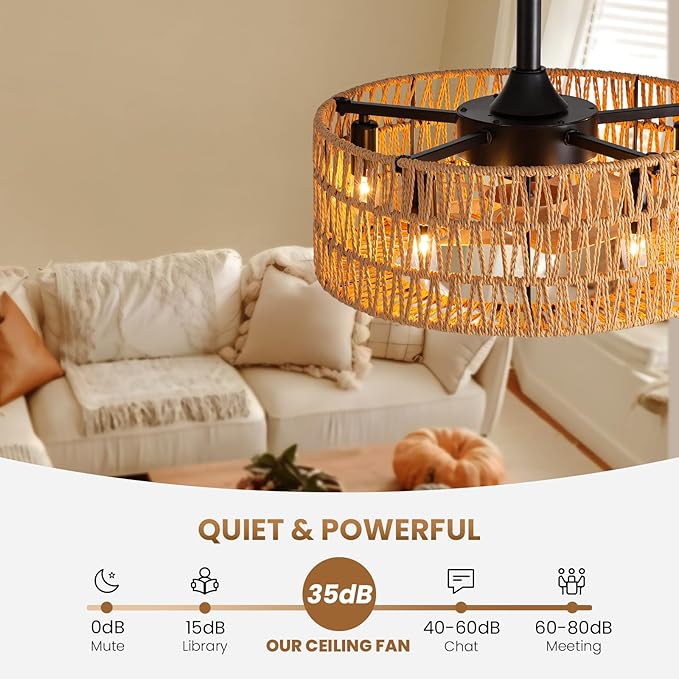 Boho Caged Ceiling Fan with Light, 18 inch Rattan Ceiling Fan with Light, Boho Fandelier, Farmhouse Fandelier Low Profile Cei ling Fan for Bedroom Kitchen Living Room Kids Room