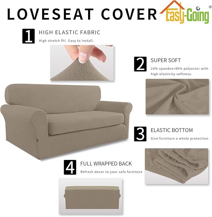 Easy-Going 2 Pieces Microfiber Stretch Sofa Slipcover – Spandex Soft Fitted Sofa Couch Cover, Washable Furniture Protector with Elastic Bottom Kids, Pet (Loveseat, Natural)