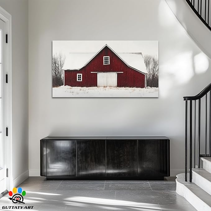 GUTTATY Christmas Winter Scene Canvas Wall Art, Red Barn Snowy Landscape Canvas Painting, Rustic Wall Decor Print for Holiday Living Room, Bedroom, Seasonal Wall Hanging Poster Picture, 60x30 Inch