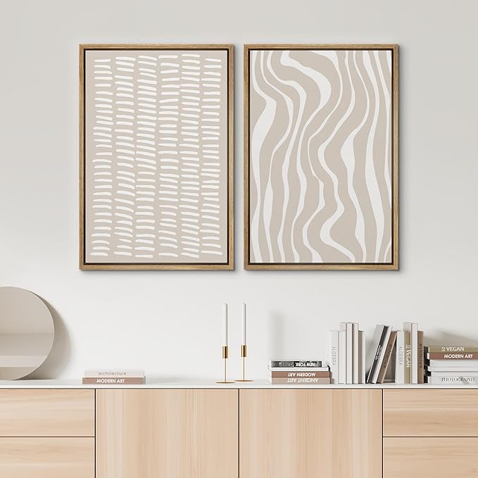 SIGNWIN Framed Canvas Print Wall Art Set Tan White Geometric Stripe Collage Abstract Shapes Cozy Neutral Modern Art Minimal Boho Relax/Calm for Living Room, Bedroom, Office - 24"x36"x2 Natural