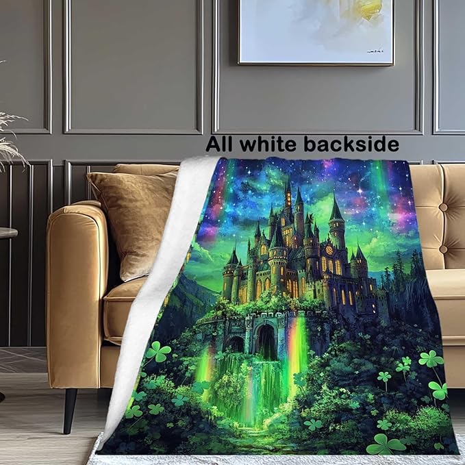 Forest Fantasy Castle Throw Blanket, Medieval and Enchanted Waterfall Stars Blanket for Couch Bedroom Home Decor, Soft and Lightweight Fleece, Machine Washable,40x50 Inches