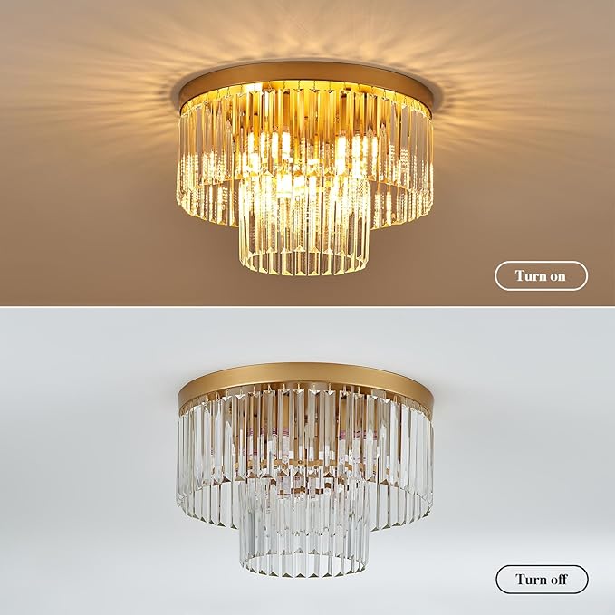 17" Gold Crystal Ceiling Light 9-Light Modern Crystal Light Fixture 2-Tier Luxury K9 Crystal Ceiling Light,for Dining Room Kitchen Island Living Room Bedroom