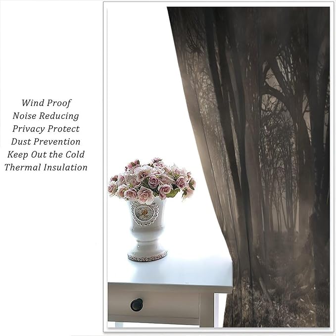 Gothic Forest Blackout Curtains, Forest Scenery Sunbeams Foggy Vintage Colors Fantasy Art Print Window Drapes, for Living Room Bedroom 26(W)*84(L) 2 Panels