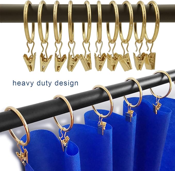 100 Pack Metal Curtain Rings with Clips, Drapery Clips Hooks, Decorative Curtain Rod Clips 1.5 in Interior Diameter, Gold