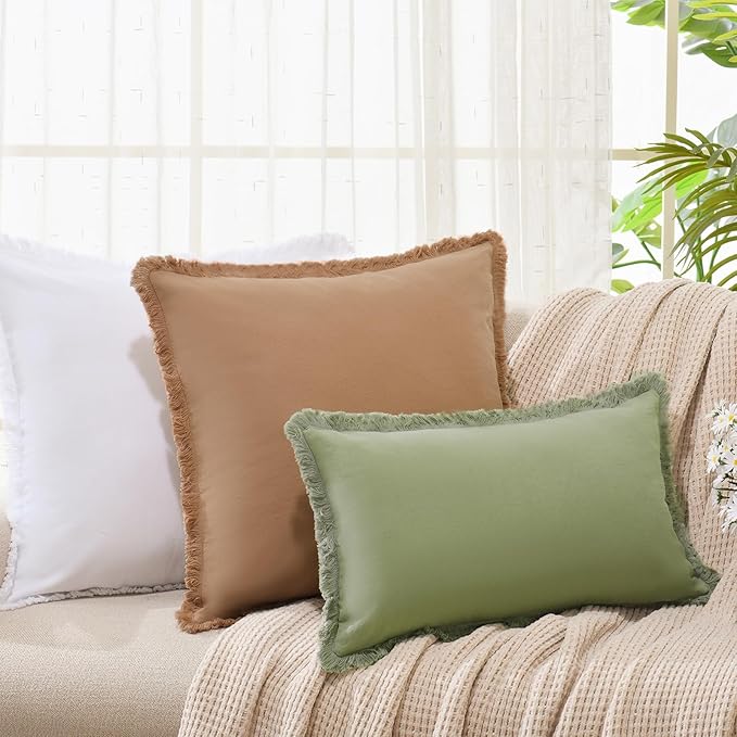 ZWJD Pillow Covers 20x20 Set of 2 Camel Throw Pillow Covers with Fringe Chic Cotton Decorative Pillows Square Cushion Covers for Sofa Couch Bed Living Room Farmhouse Boho Decor
