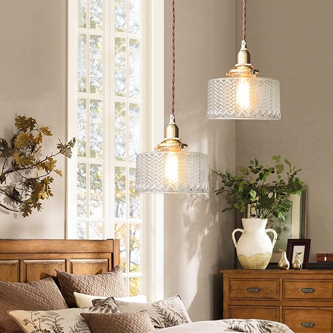 Vintage Pendant Light Fixtures, Brass Socket with ON/Off Switch and Green Glass Lamp Shade Pendant Light for Kitchen Island Farmhouse Living Room (Transparent,Scaly)